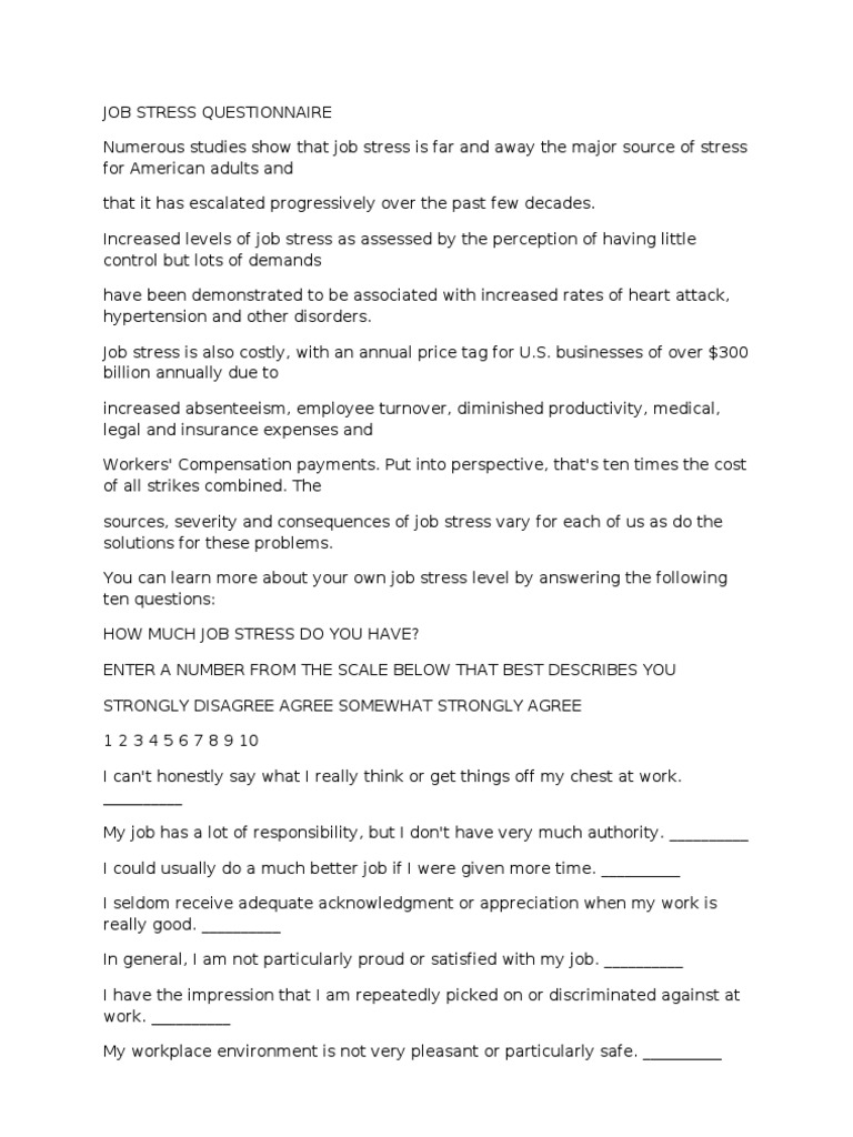 Job Stress Questionnaire | Occupational Stress | Stress (Biology)