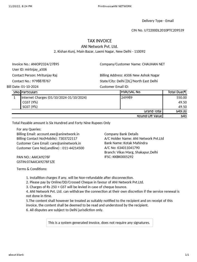 ANI Network Tax Invoice for Chauhan Net | PDF | Government Finances ...