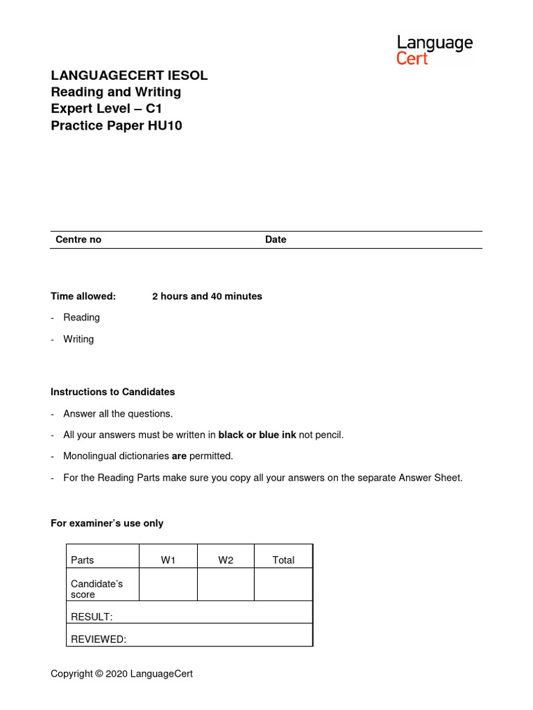 LanguageCert C1 Felsőfok - 10. Mintafeladat - Írásbeli Vizsgalap | PDF ...