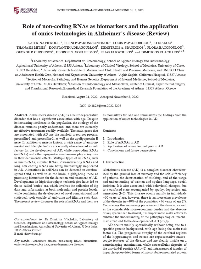 Non-Coding RNAs as Alzheimer's Biomarkers | PDF | Micro Rna ...