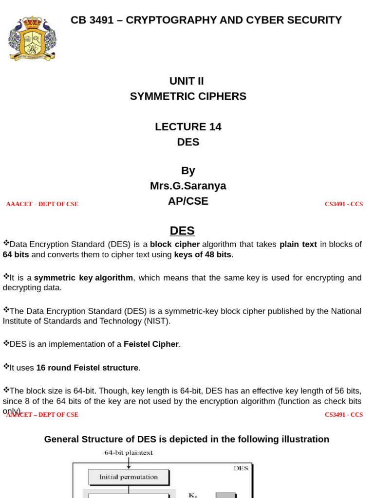 L15-Block Cipher Design Principles of Des - Strength of Des | PDF ...