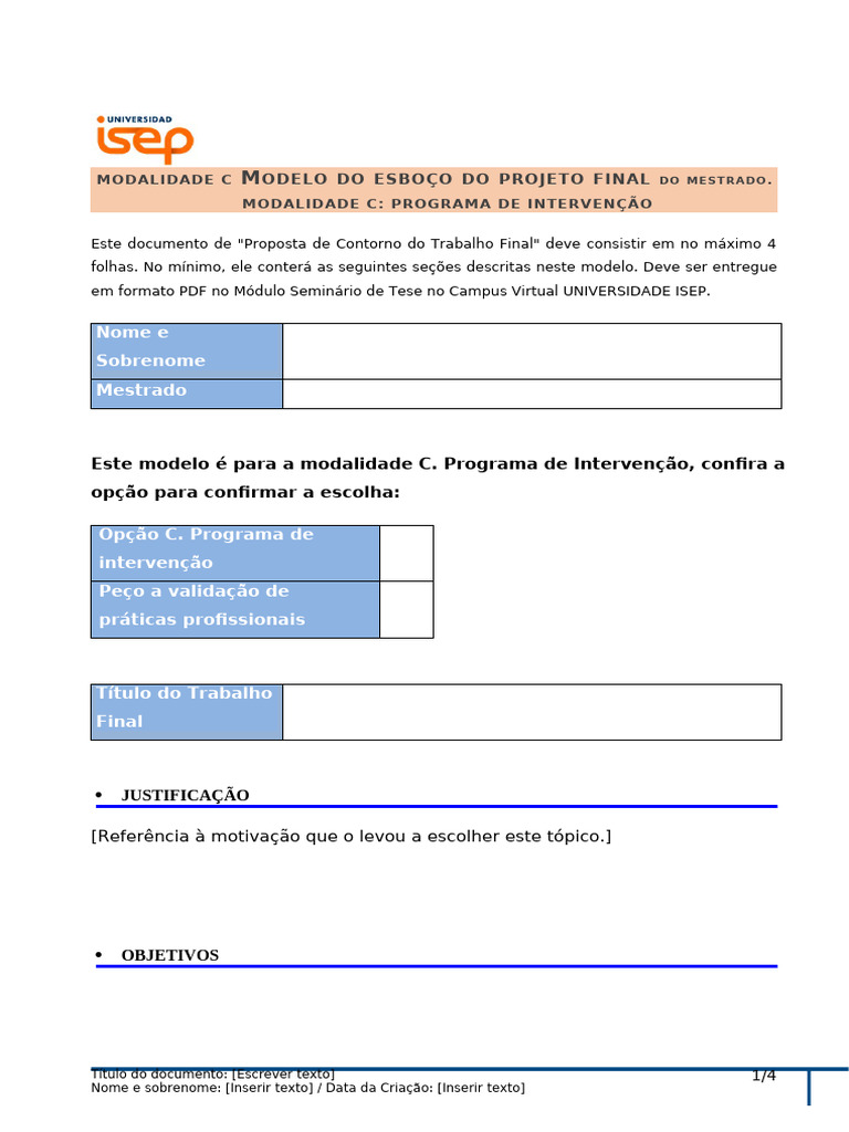 Esboço Projeto Final Mestrado Modalidade C | PDF