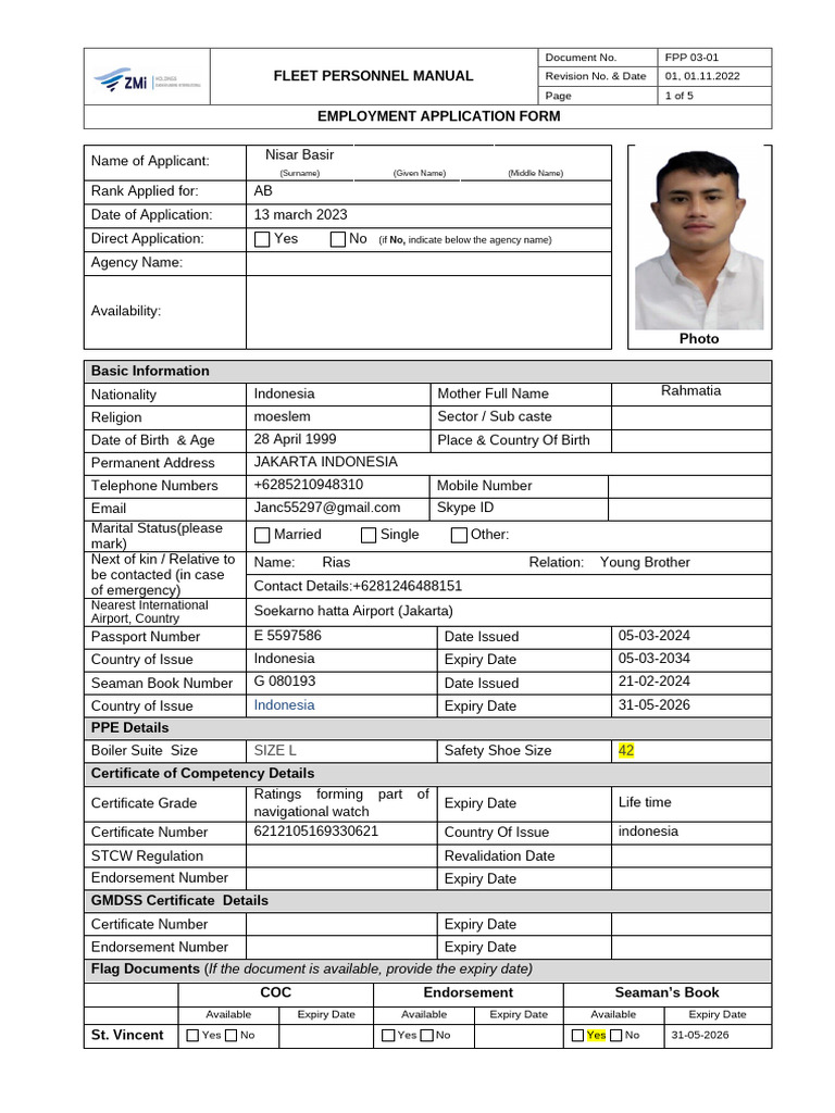 Employment Application for Fleet Personnel | PDF | Water Transport | Ships