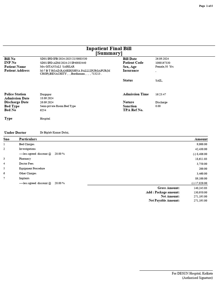 Inpatient Bill Summary for Knee Replacement | PDF | Patient | Health Care