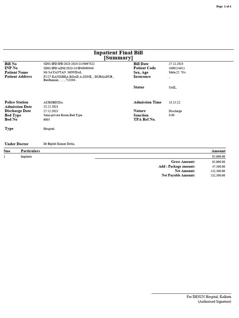 Inpatient Final Bill for Surgery | PDF | Patient | Medicine