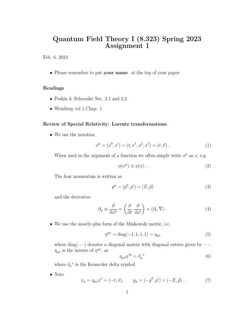 Quantum Field Theory Assignment 1 2023 | PDF | Noether's Theorem ...
