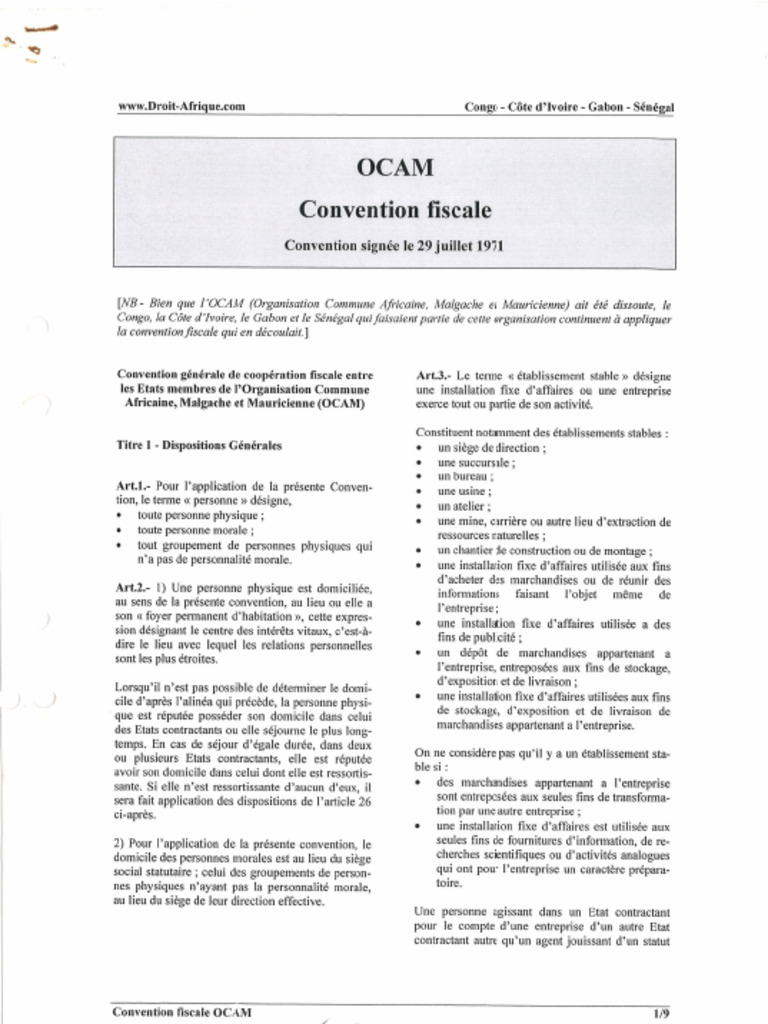 OCAM Convention Signée Le 29 Juillet 1971. | PDF