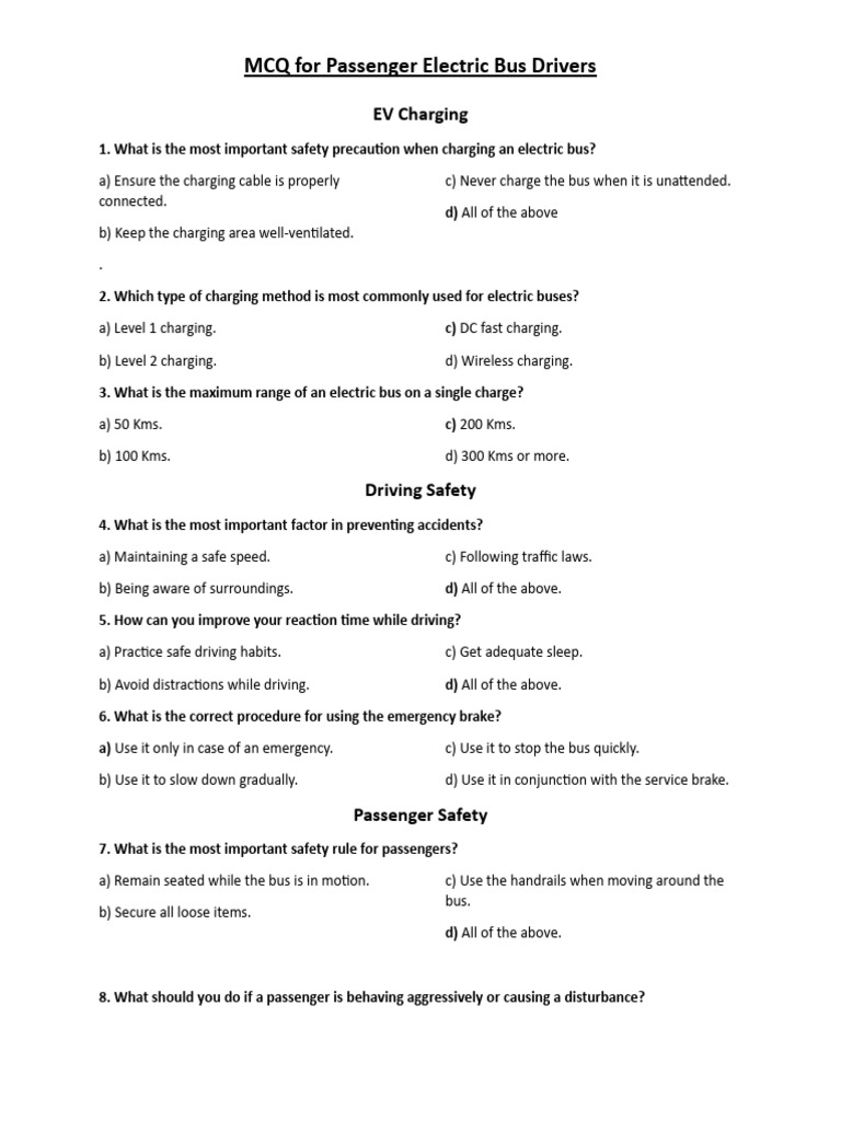 MCQ for Electric Bus Driver Exam | PDF | Traffic Collision | Driving