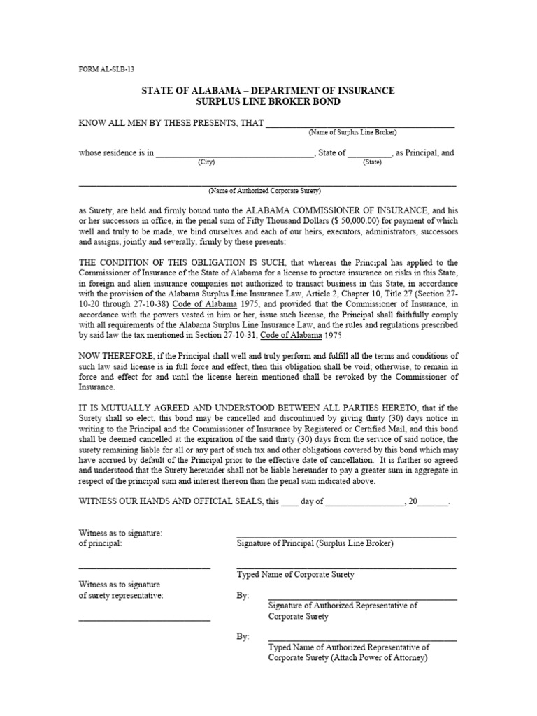 Alabama Surplus Line Broker Bond Form | PDF | Surety | Insurance