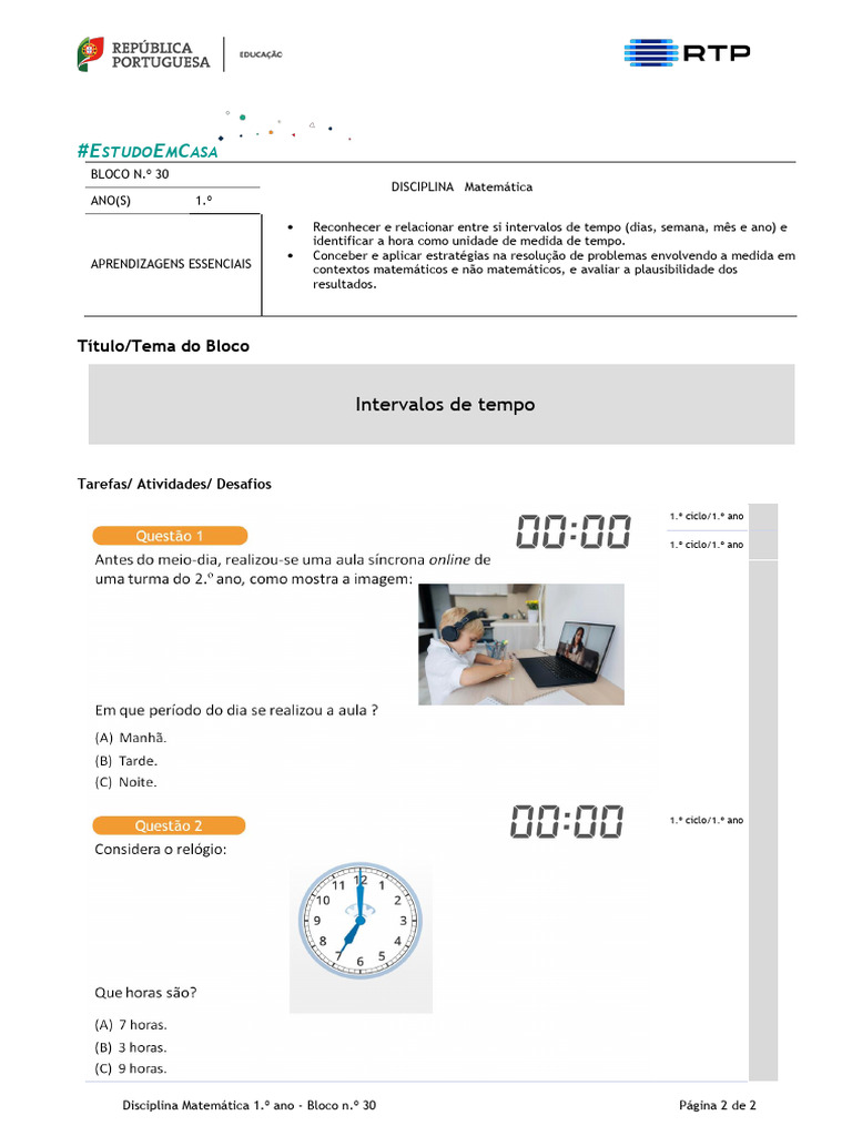 Intervalos de Tempo na Matemática 1.º Ano | PDF