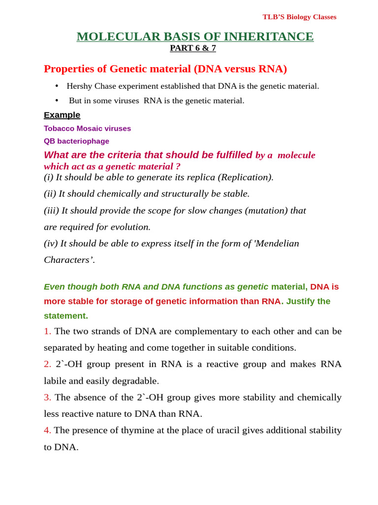RNA's Role in Genetic Stability | PDF | Dna | Rna