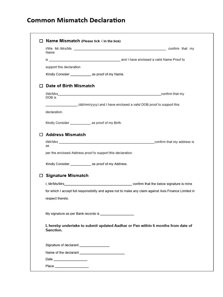 Common Mismatch Declaration Form | PDF