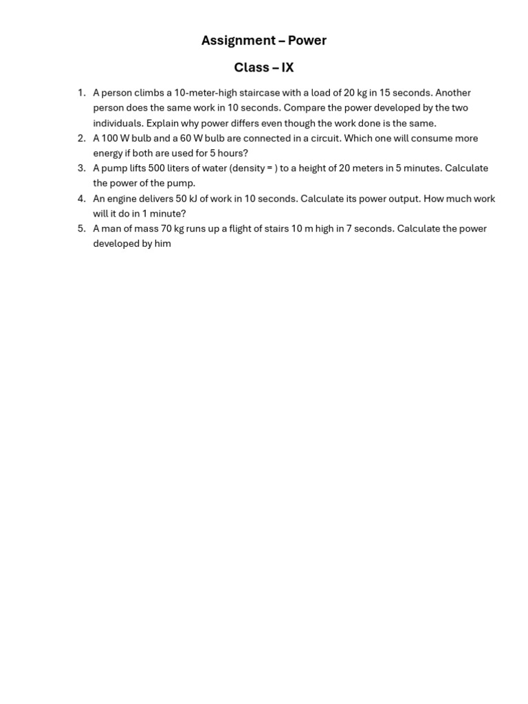 Power Assignment for Class IX | PDF