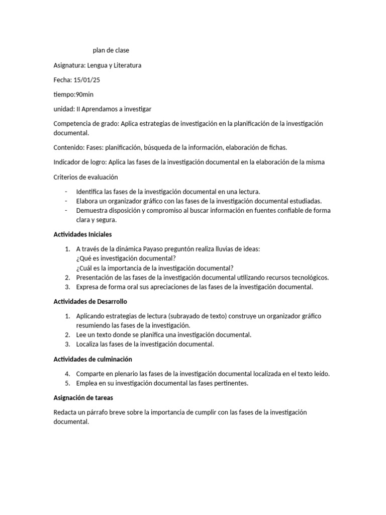 Plan de Clase de Lengua y Literatura | PDF
