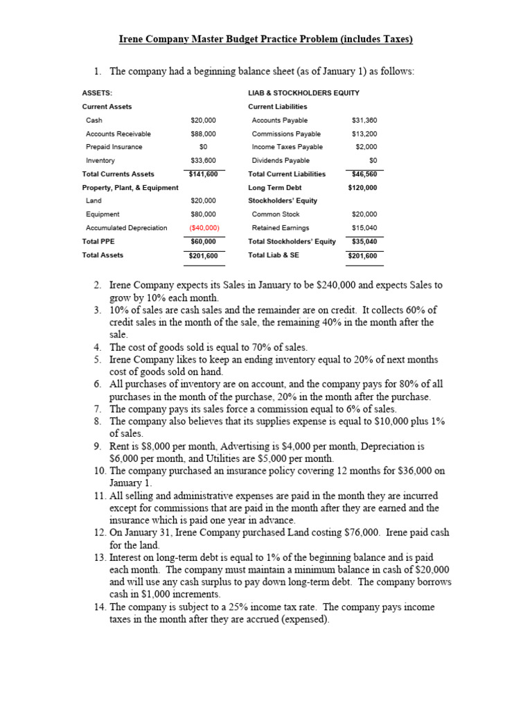 Irene Company Master Budget Overview | PDF | Equity (Finance) | Debits ...