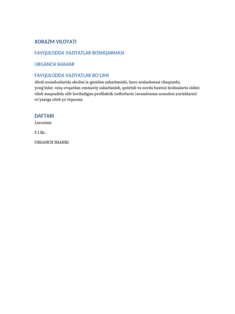 Urgench FVV Bolim Daftari | PDF