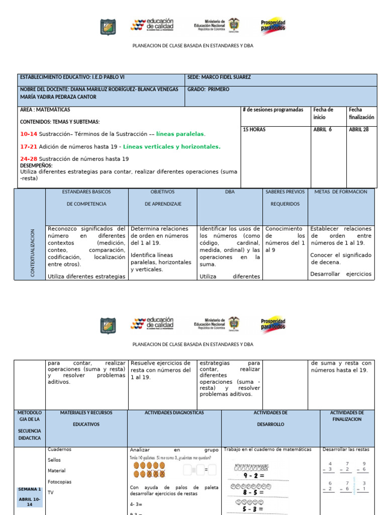Planeación de Clase: Matemáticas 1° Grado | PDF | Sustracción