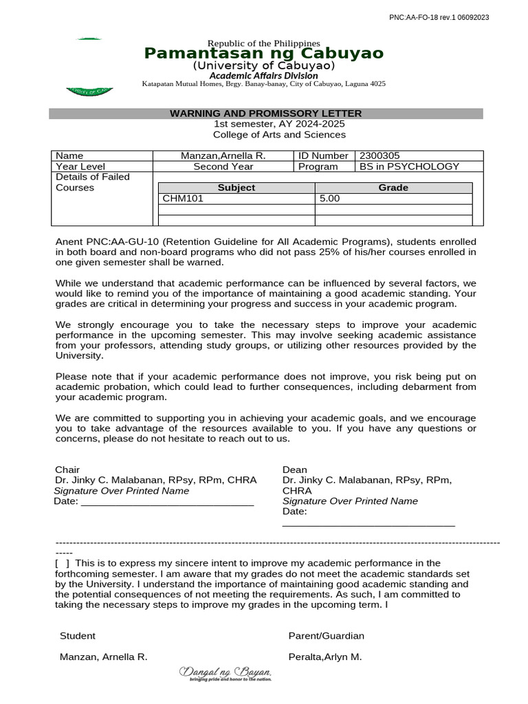 Academic Warning for Arnella Manzan | PDF