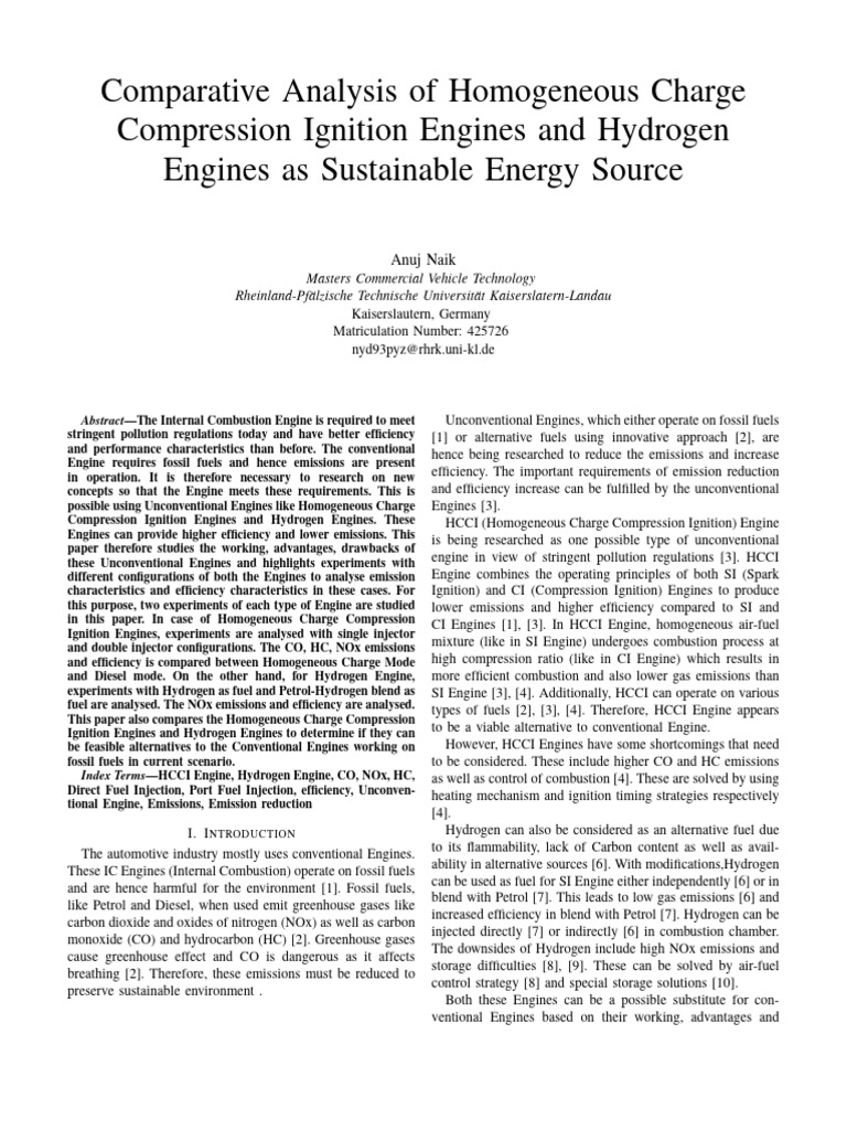 HCCI vs Hydrogen Engines: Emission Analysis | PDF | Diesel Engine | Engines