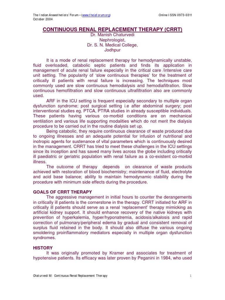 Continuous Renal Replacement Therapy Overview | PDF | Dialysis ...