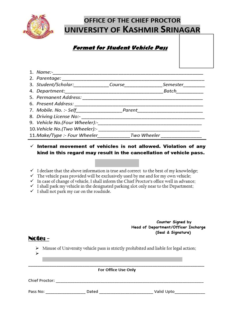 Student Vehicle Pass Application Form | PDF
