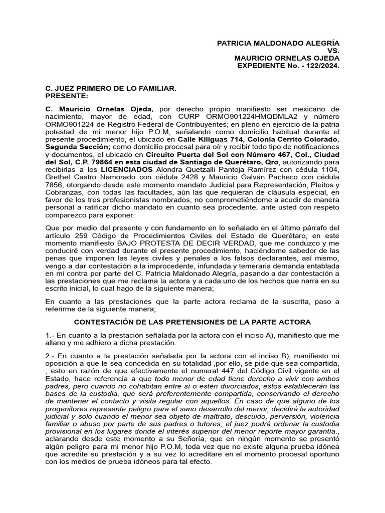 Contestación a demanda familiar 122/2024 | PDF | Sentencia (ley ...