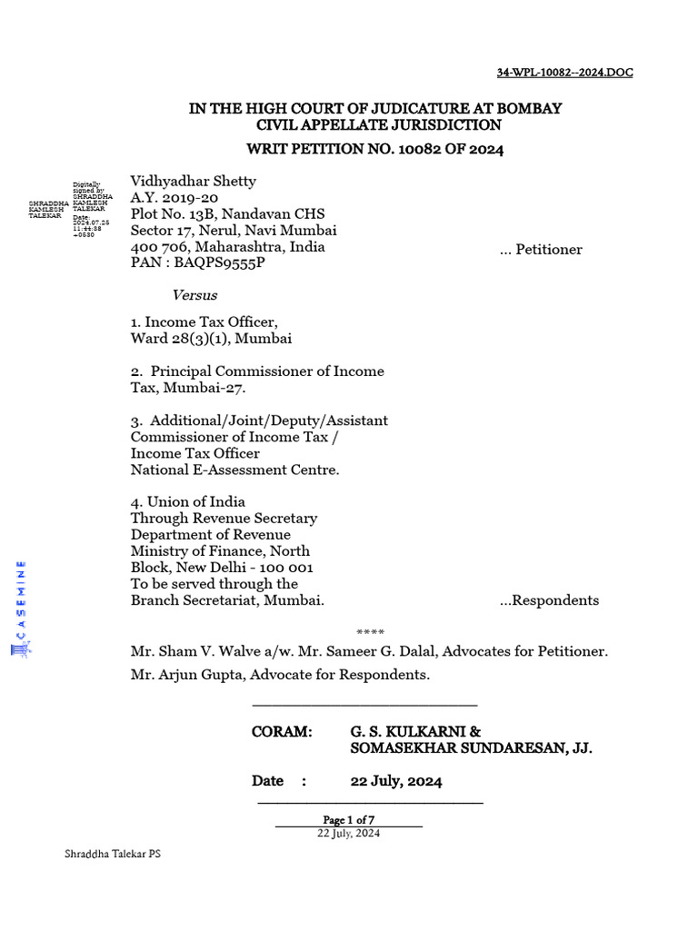 Writ Petition 10082: Income Tax Reassessment | PDF | Judgment (Law ...
