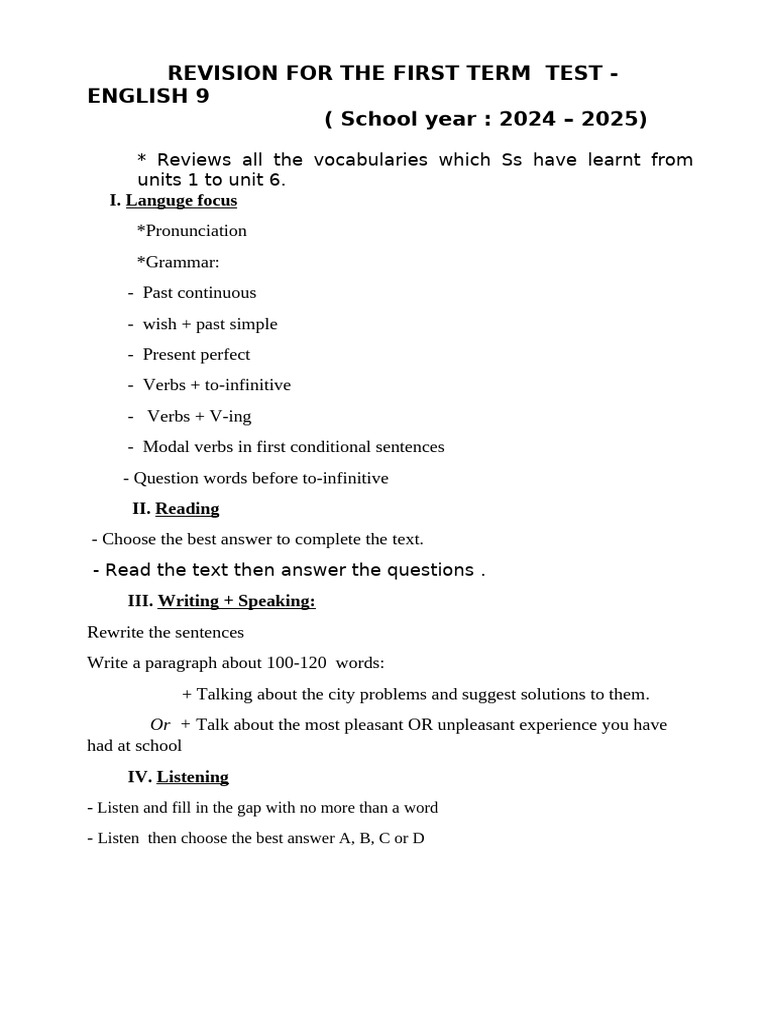 English 6 & 9 Term Test Revision Guide | PDF