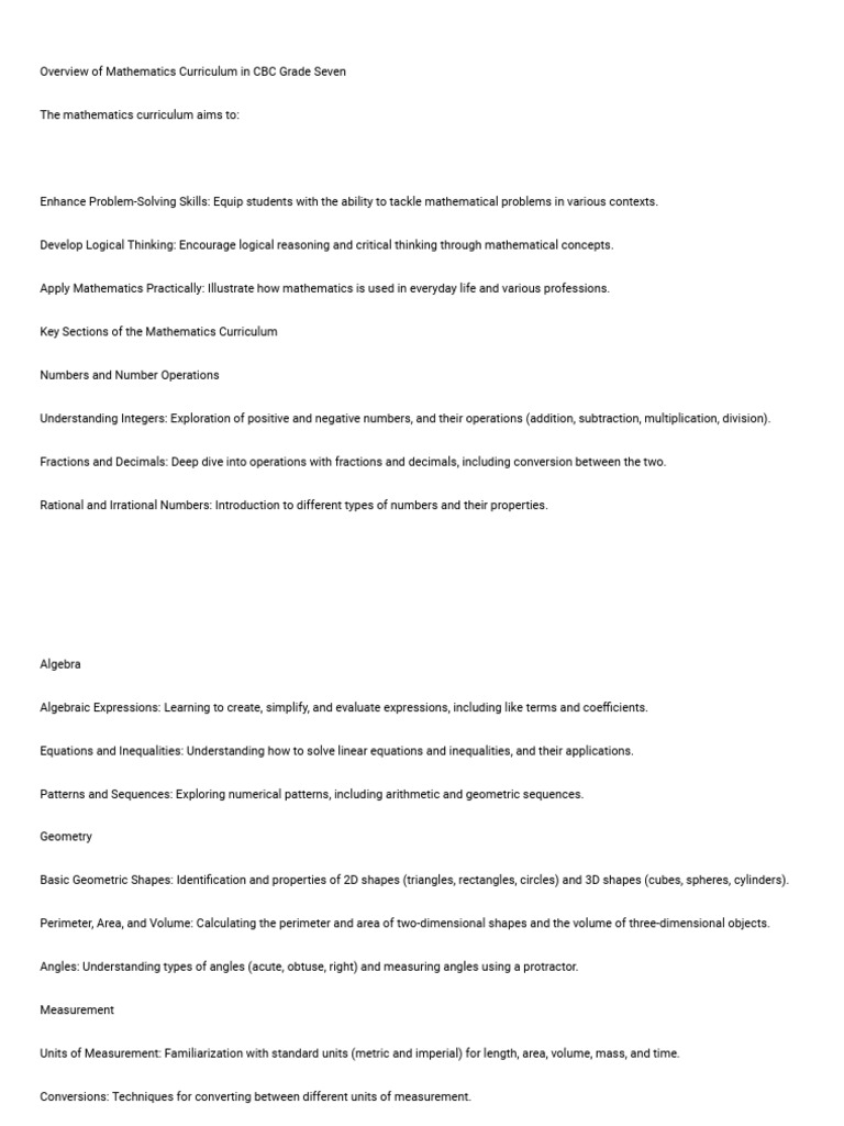 CBC Grade 7 Mathematics Curriculum Overview | PDF | Mathematics | Numbers