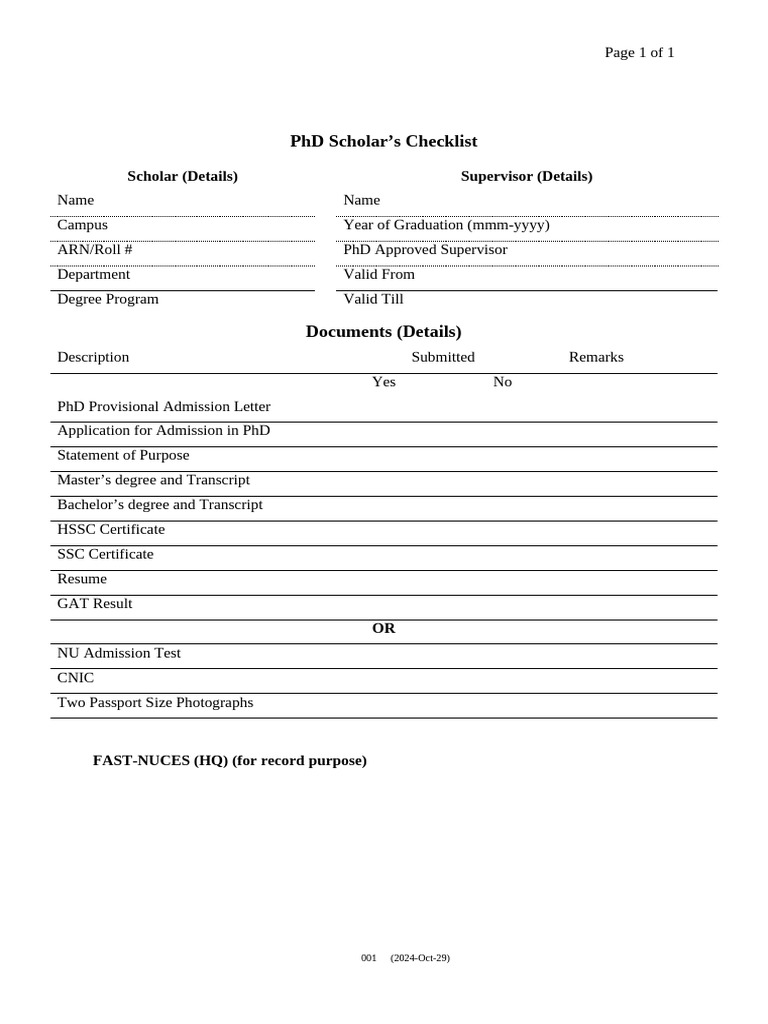 PhD Scholar's Document Checklist | PDF
