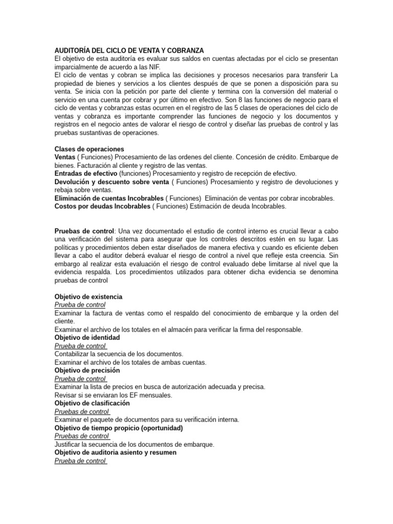 Auditoría del Ciclo de Ventas y Cobranza | PDF | Auditoría | Business