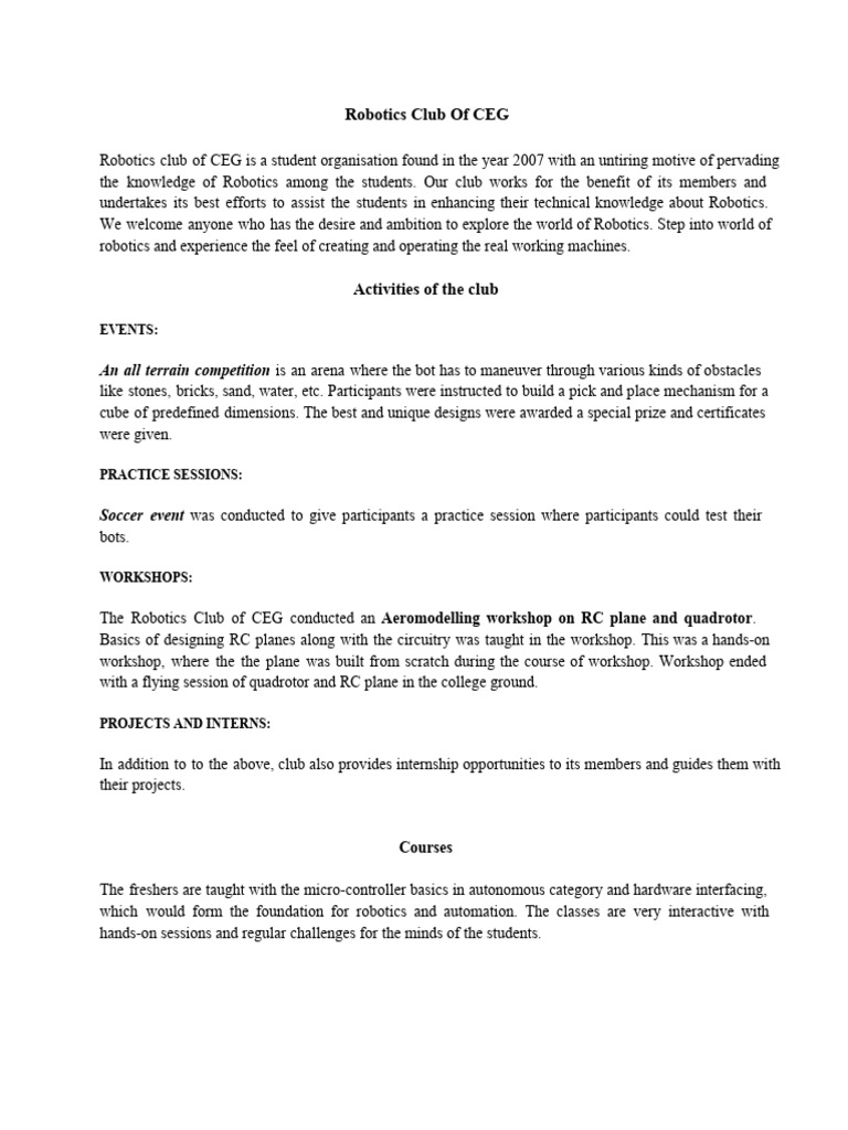 Robotics Club of CEG Overview | PDF