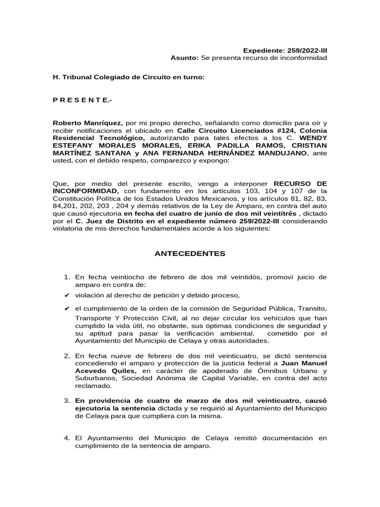 Recurso de Inconformidad en Amparo | PDF | Caso de ley | Sentencia (ley)