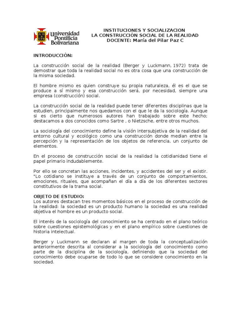 Construcción Social de la Realidad | PDF | Socialización | Conocimiento