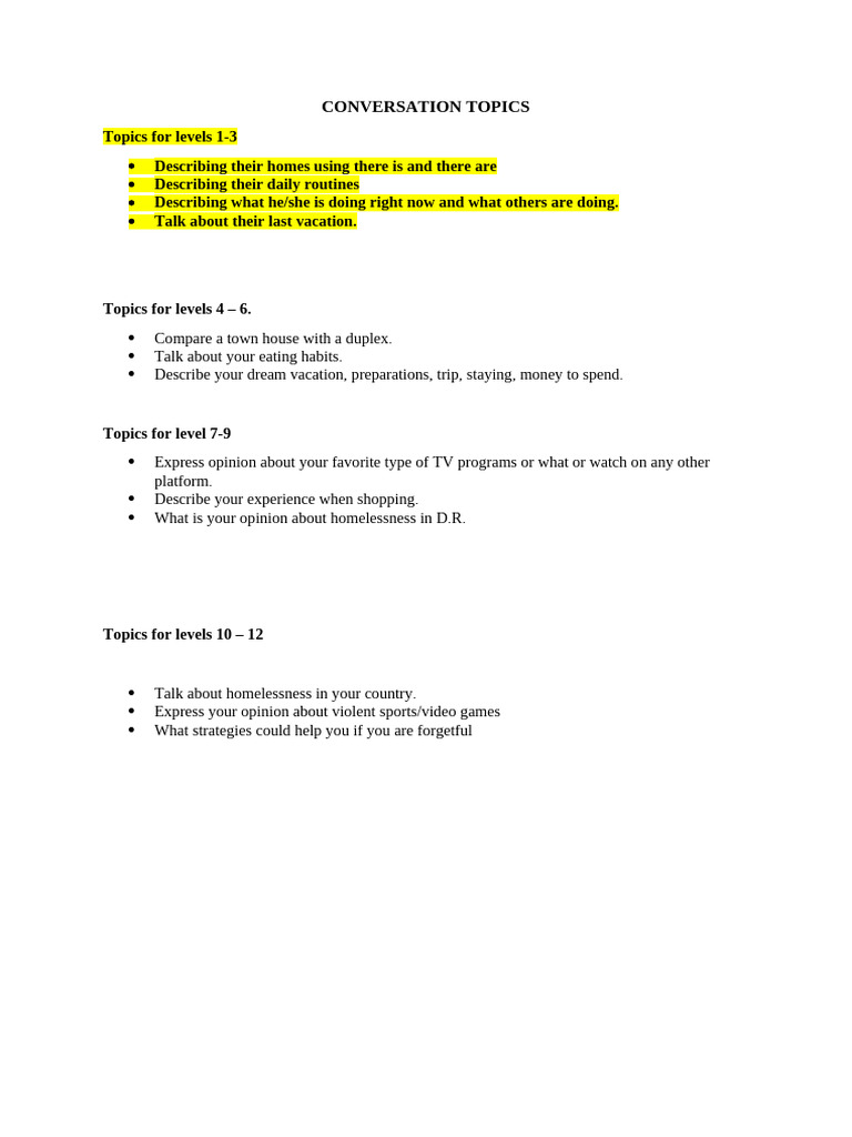 Engaging Conversation Topics By Level Pdf