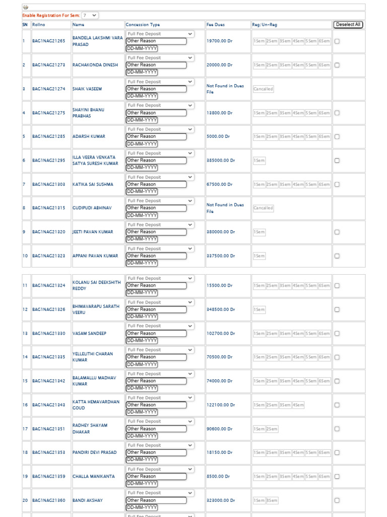 Student Registration Fee Dues List | PDF