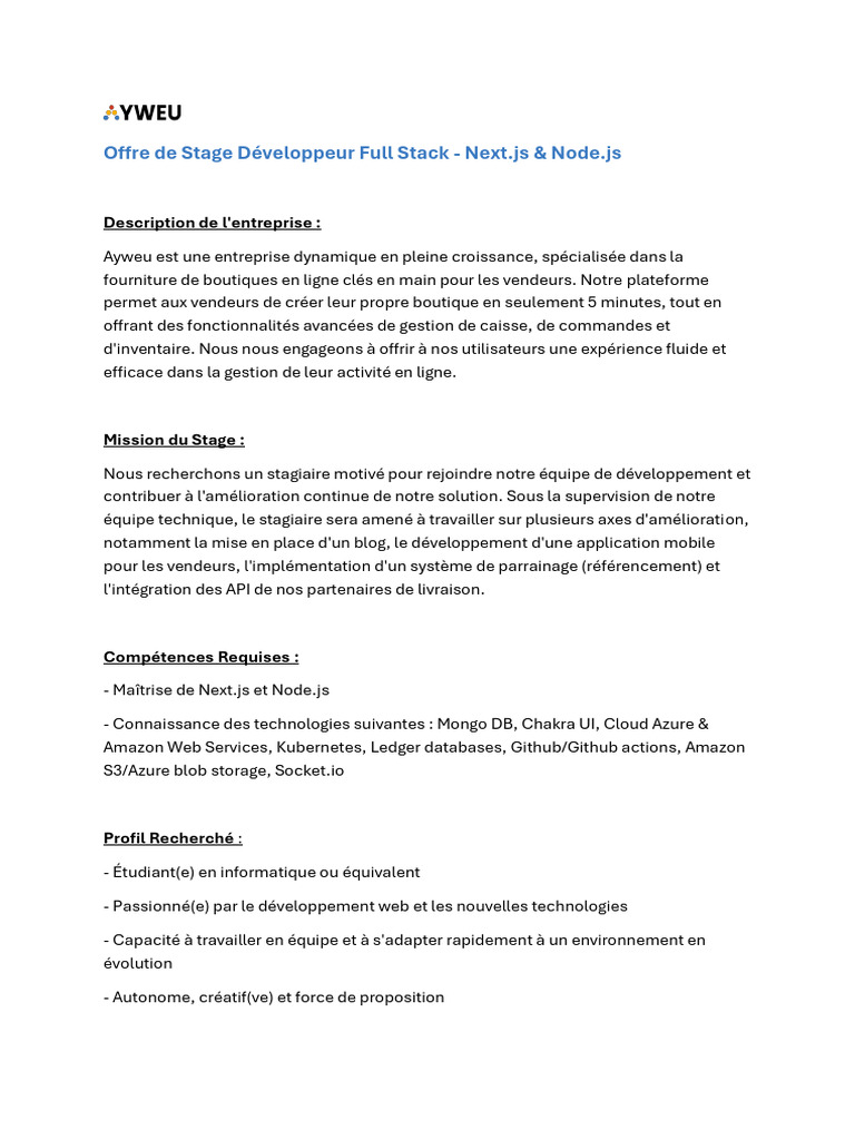 Stage Développeur Full Stack chez Ayweu | PDF
