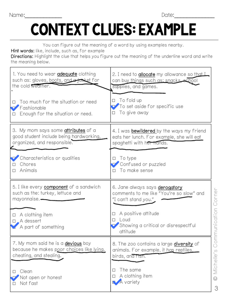 7th Grade Context Clues Worksheet EXAMPLE PDF