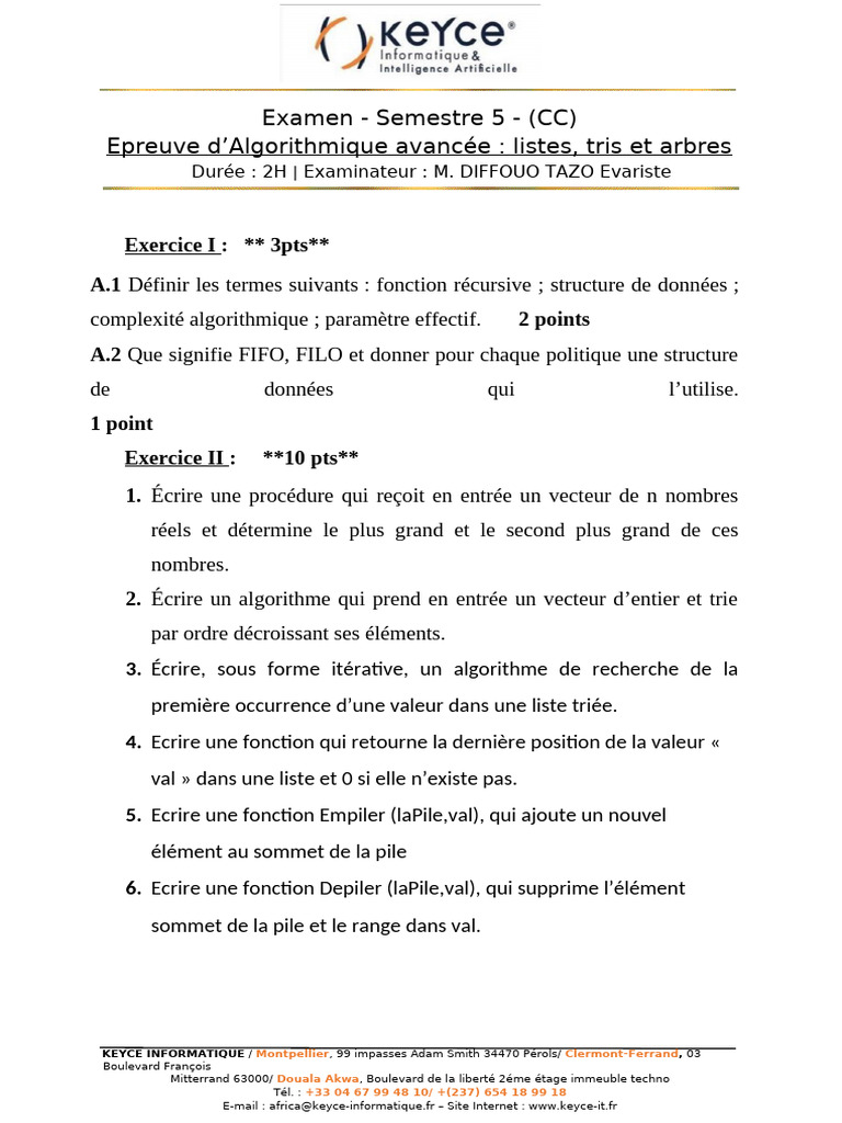 CC- Epreuve Algorithmique Avancée - Listes, Tris Et Arbres 2025 | PDF ...