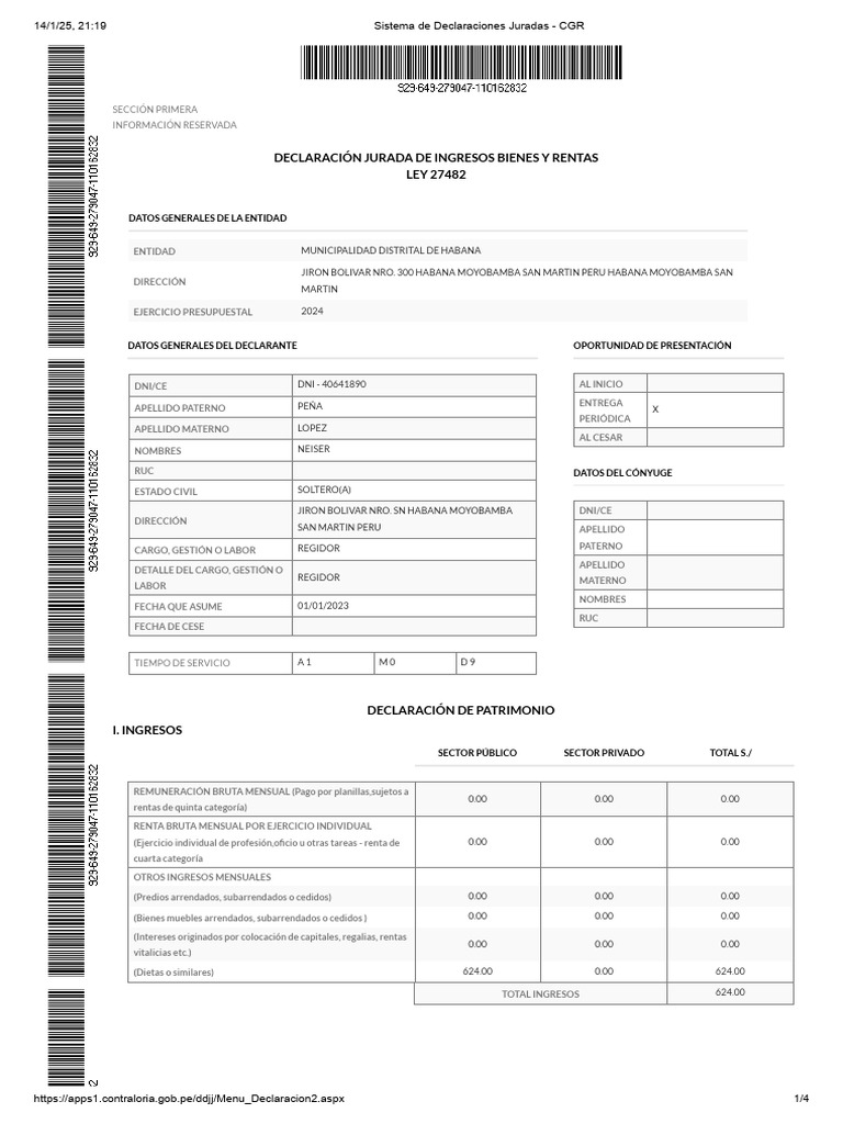 Declaración Jurada de Ingresos 2024 | PDF | Dinero | Economias