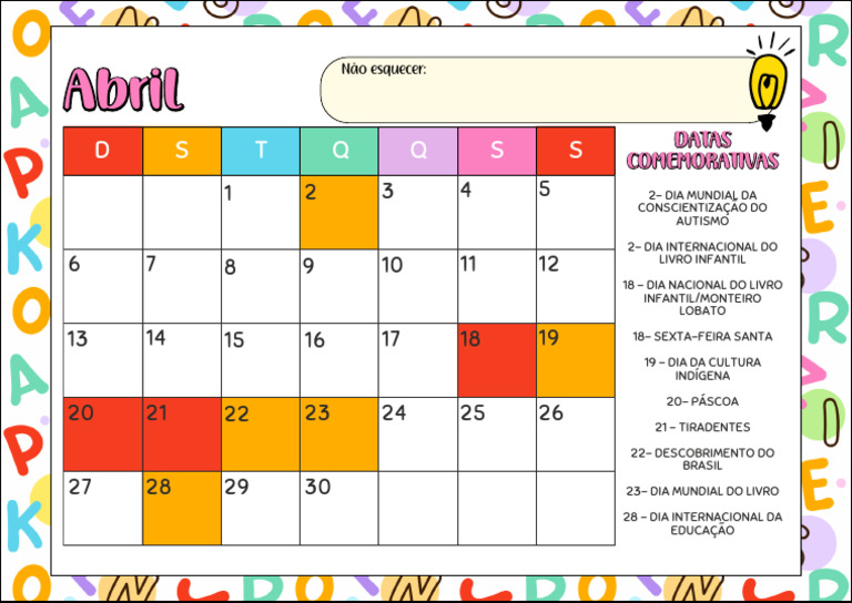 Calendario Datas Comemorativas 2025 ABRIL | PDF
