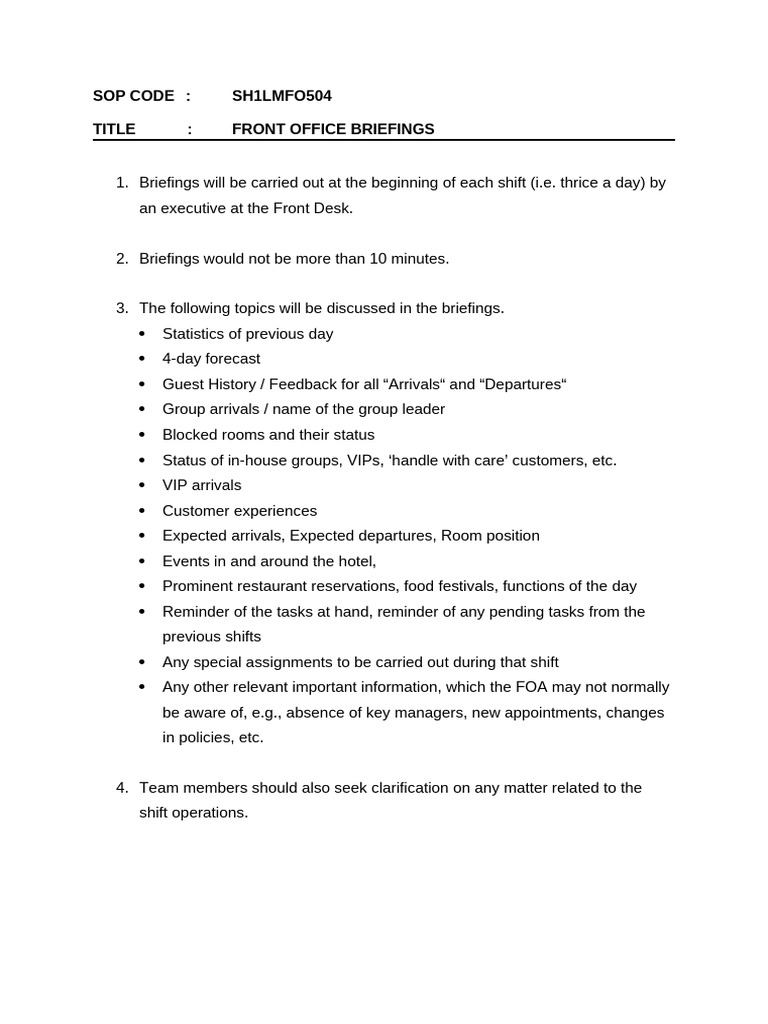Front Office Shift Briefing Protocols | PDF