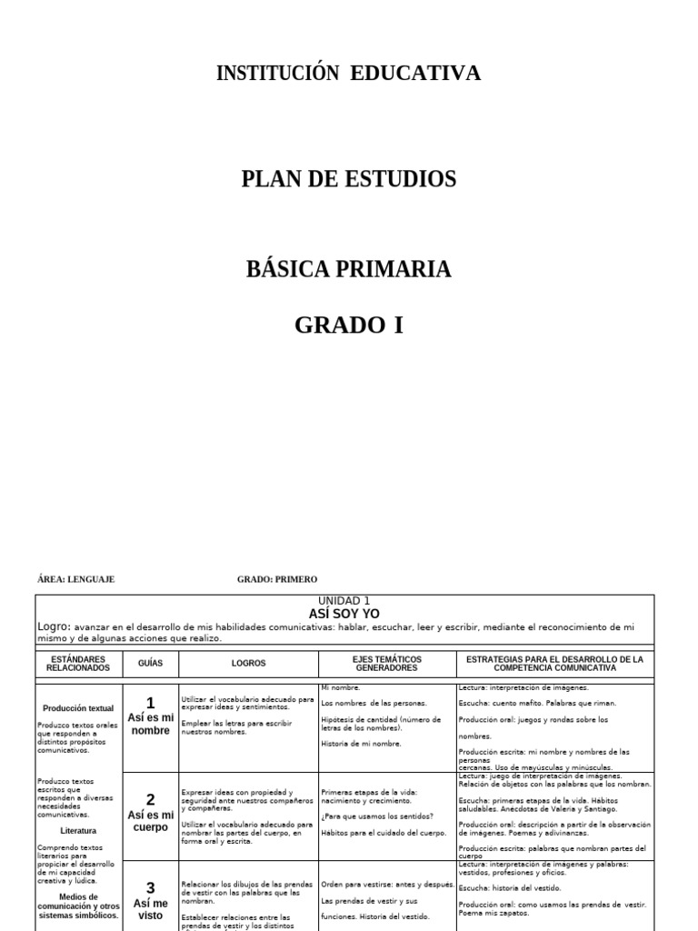 Plan de Estudios Lenguaje Grado Primero | PDF | Comunicación | Medición