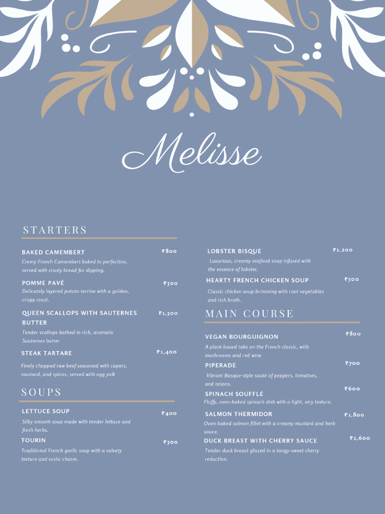 Blue Dainty French Brasserie Restaurant Pattern Menu | PDF