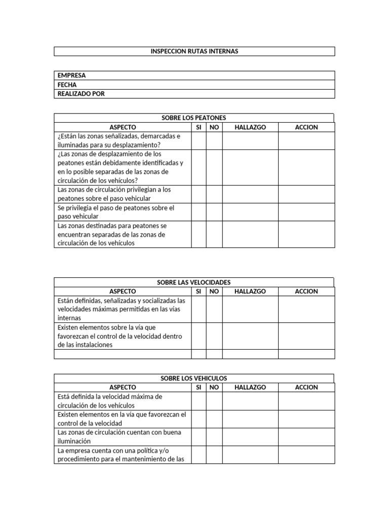 Formato de Inspeccion Rutas Internas | PDF | Estacionamiento | Peatonal