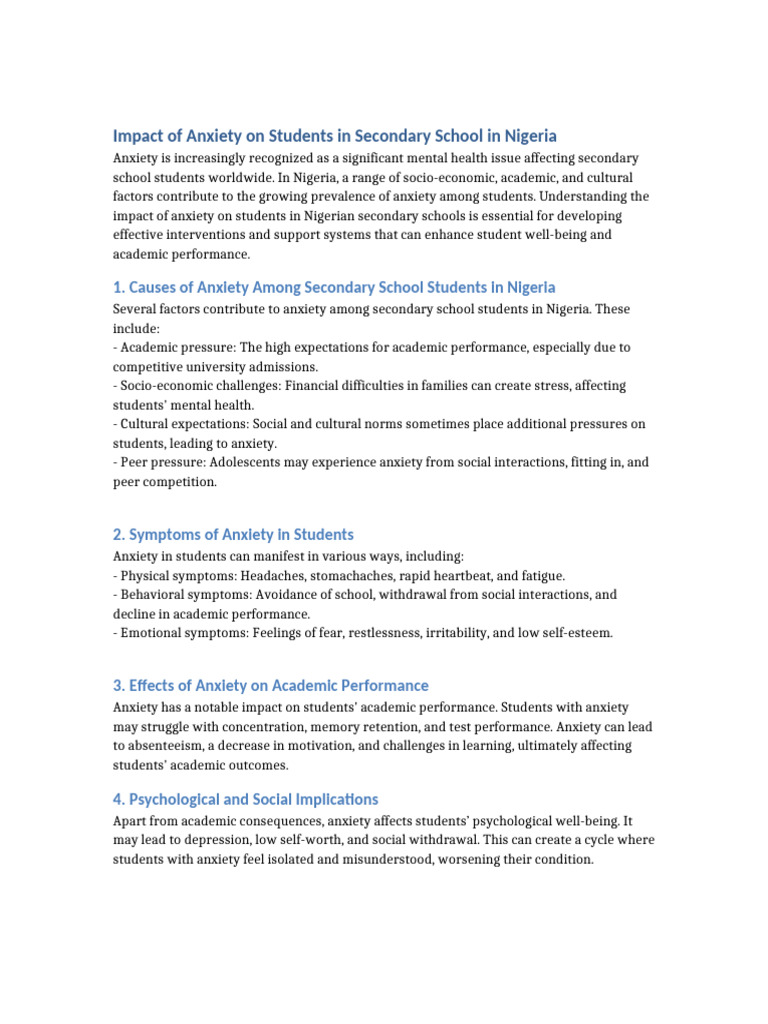 Impact of Anxiety On Students in Secondary School in Nigeria | PDF ...