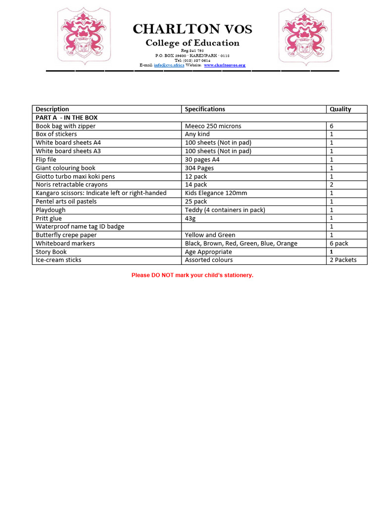2025 Grade R Stationery List | PDF
