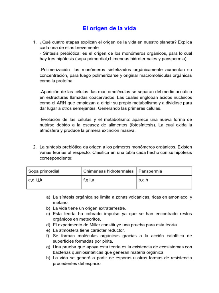 Copia de El Origen de La Vida - Ejercicios Apartado 1-1 | PDF ...