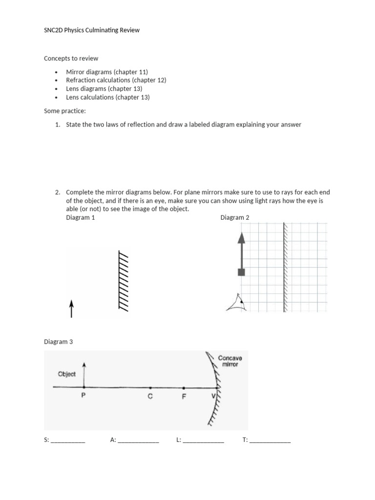 SNC2D Physics Review: Mirrors & Lenses | PDF