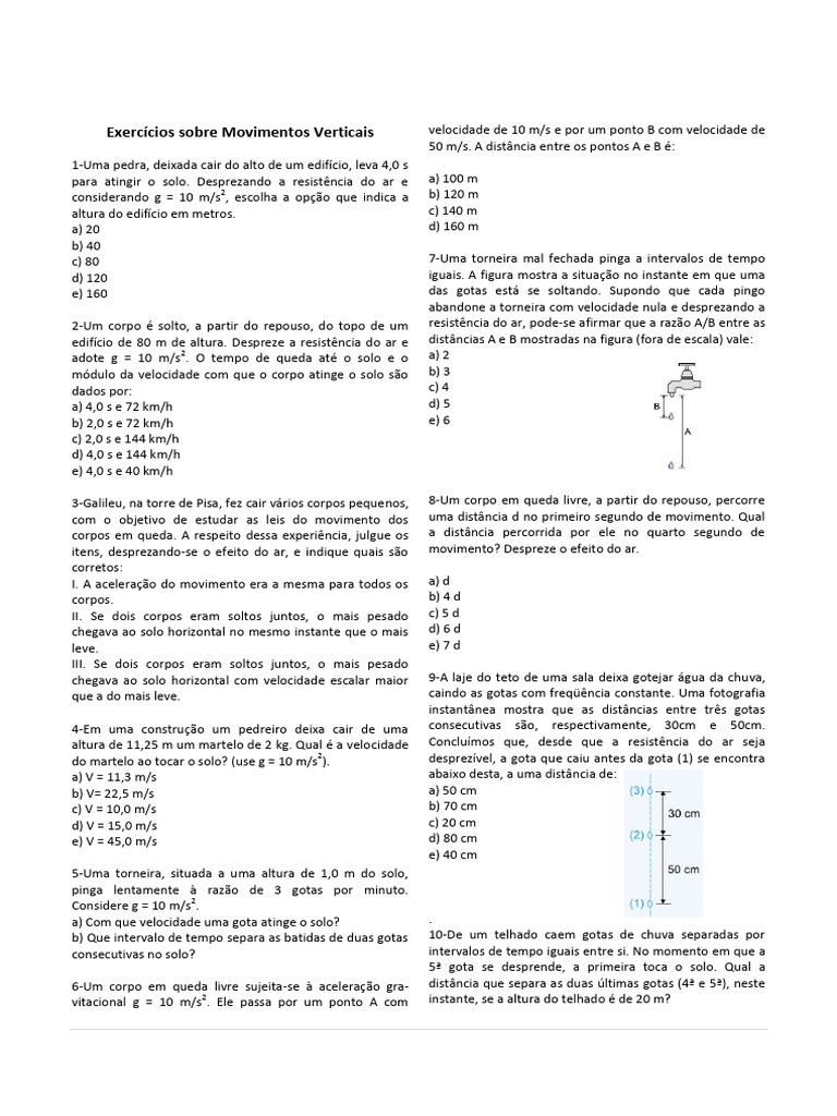 Exercícios sobre Queda Livre e Movimento | PDF | Velocidade | Gravidade